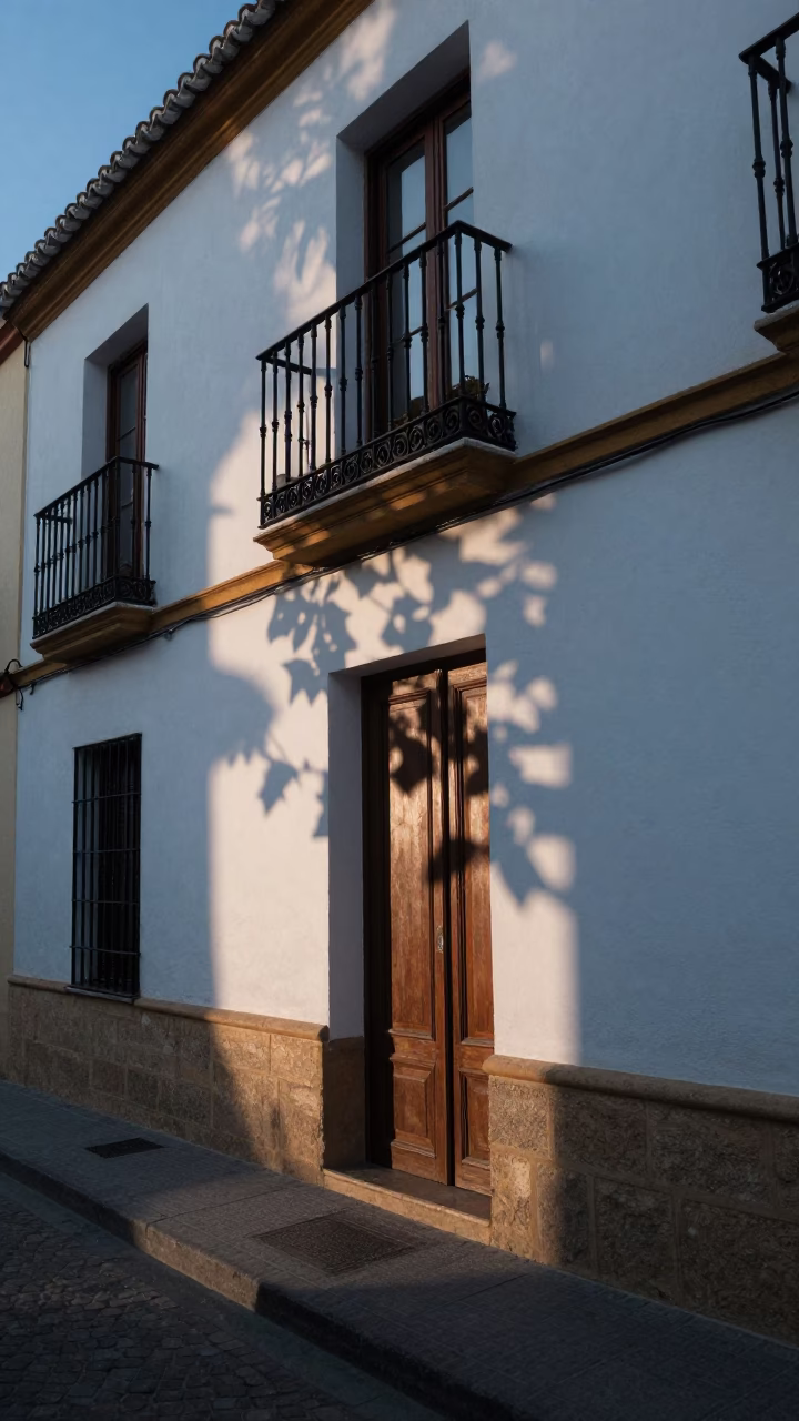 Early Morning Seville Street Scene with Leaf Shadows and Ceramic Details in in Seville, Spain