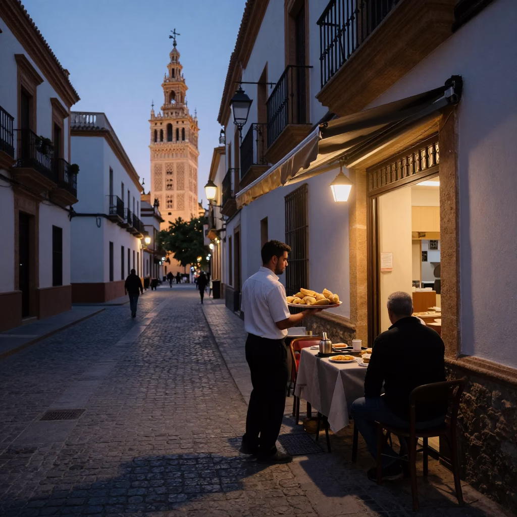 Early morning Seville street scene with local breakfast and condensation before dawn in in Seville, Spain