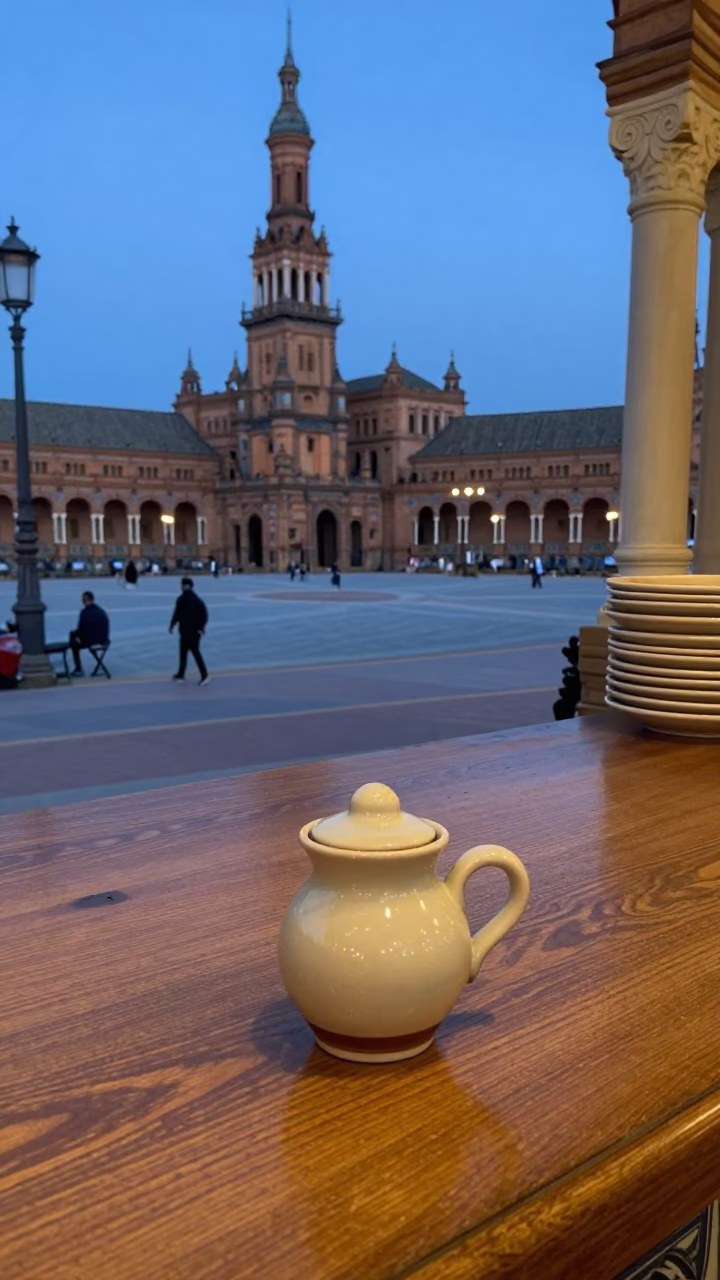 Early Morning Seville Street Scene with Local Breakfast and Salt Cellar in in Seville, Spain