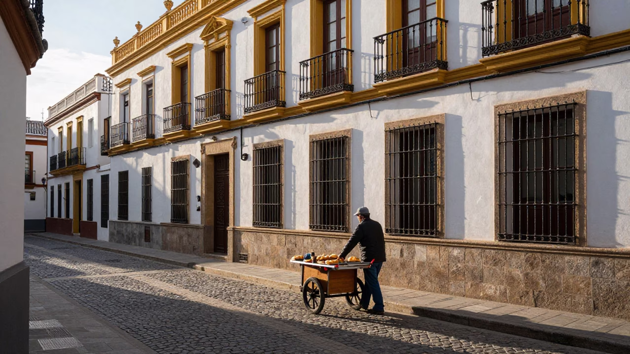 Early Morning Seville Street Scene with Local Breakfast and Traditional Architecture in in Seville, Spain
