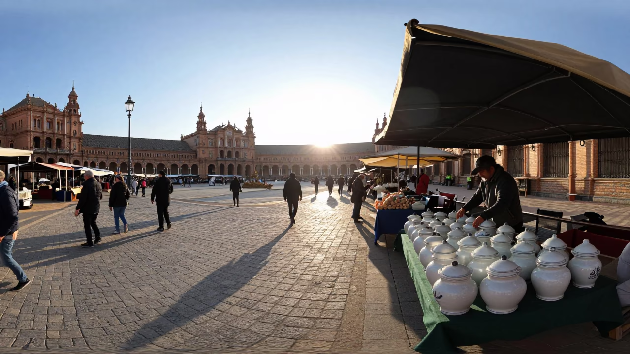 Early Morning Seville Street Scene with Local Market Activity and Traditional Architecture in in Seville, Spain