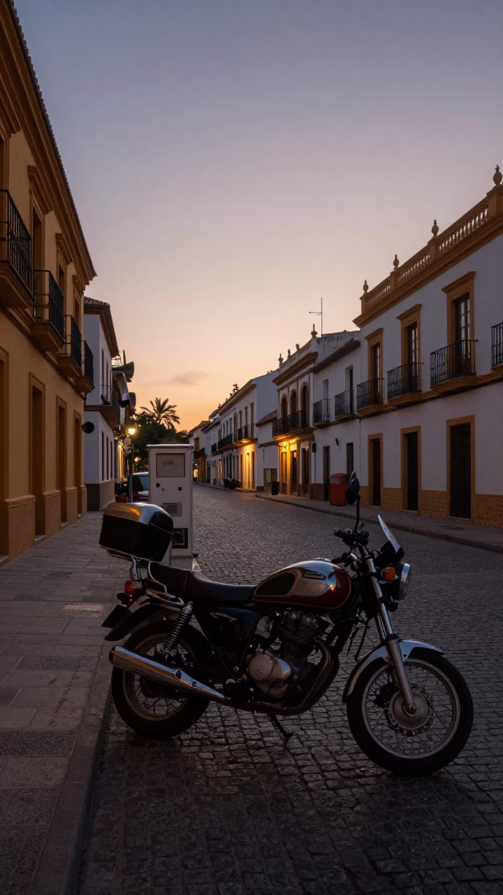 Early Morning Seville Street Scene with Motorcycle and Substation Insulators in in Seville, Spain
