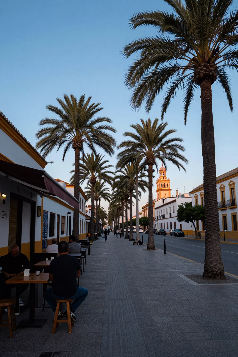 Early Morning Seville Street Scene with Palm Trees and Local Morning Ritual in in Seville, Spain