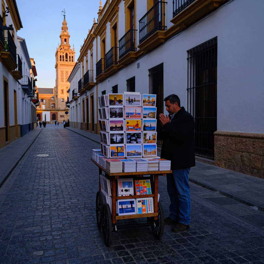 Early Morning Seville Street Scene with Postcards and Prayer Beads in in Seville, Spain