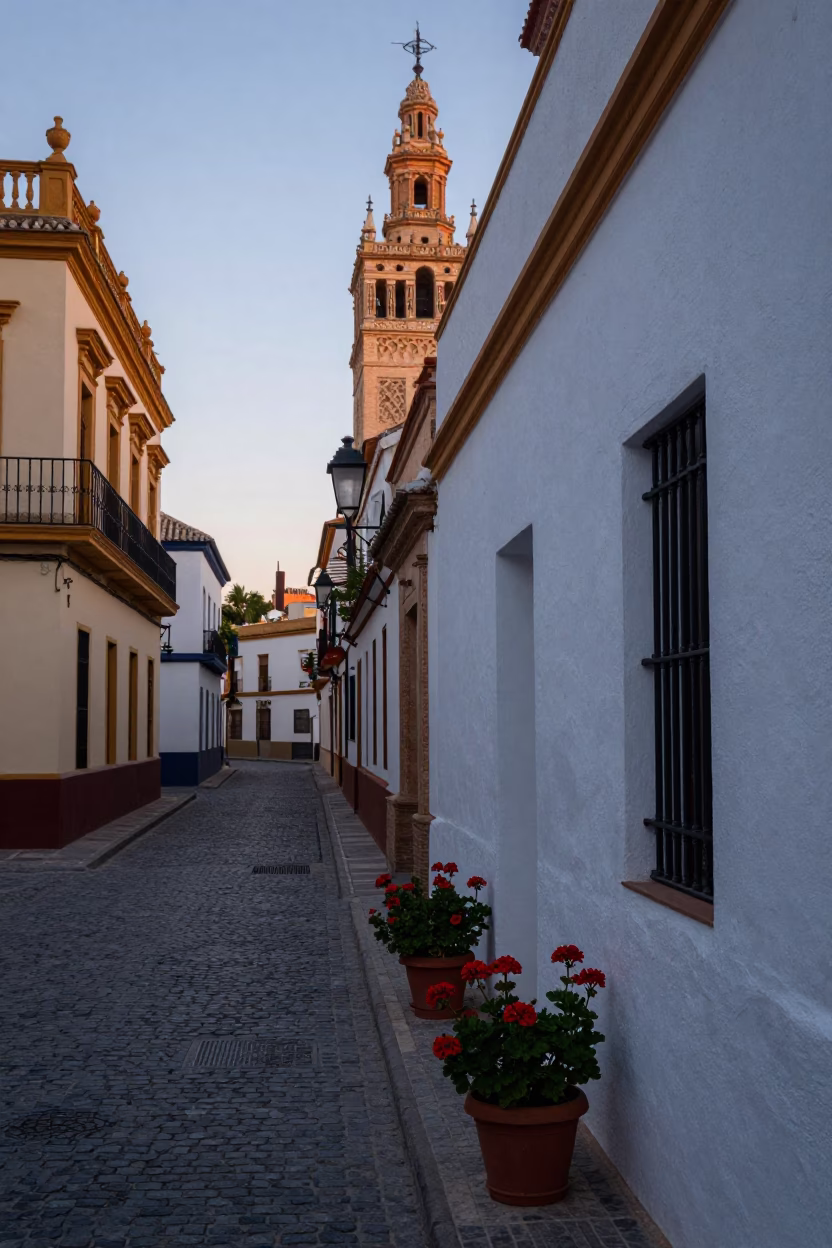 Early Morning Seville Street Scene with Potted Geraniums at Nautical Dawn in in Seville, Spain