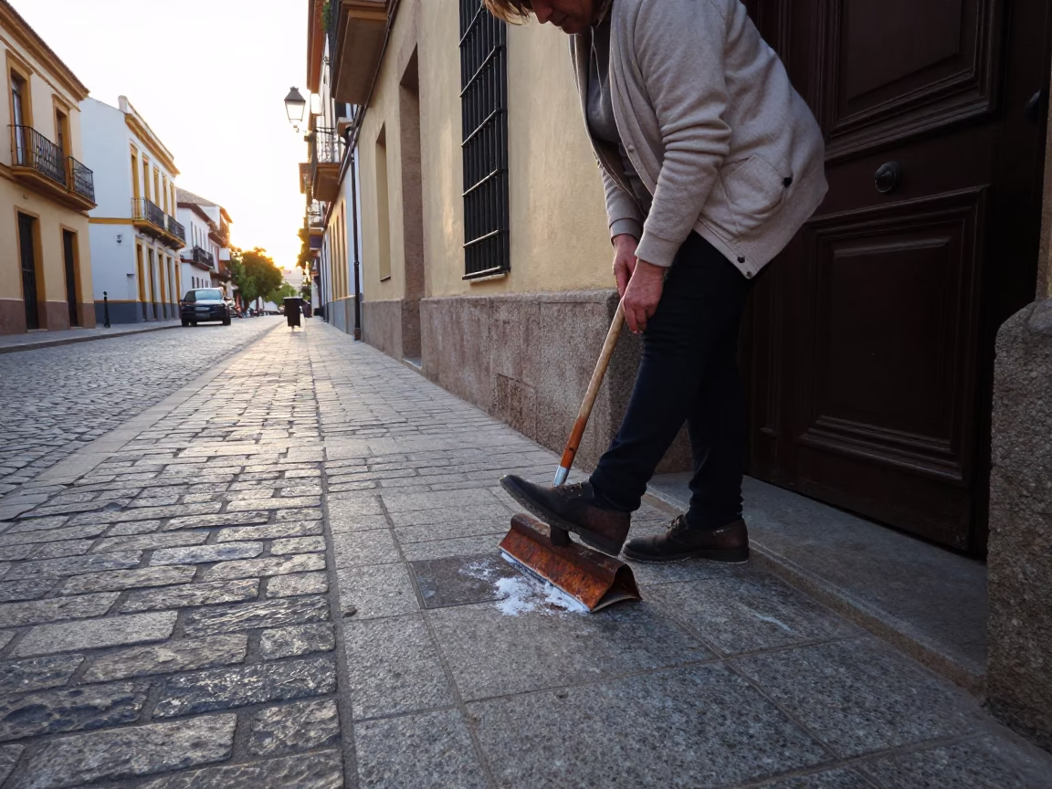Early Morning Seville Street Scene with Rusty Boot Scraper and Local Morning Routine in in Seville, Spain