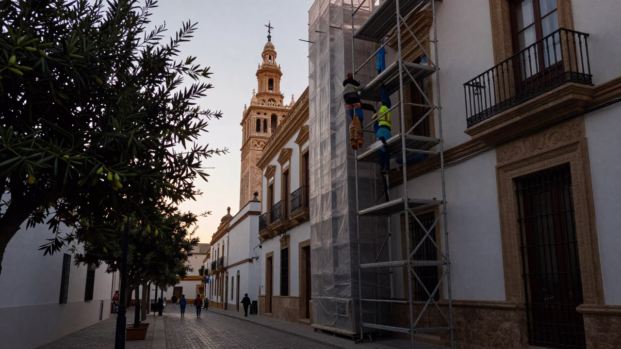 Early Morning Seville Street Scene with Scaffolding and Olive Wood Spoon in in Seville, Spain