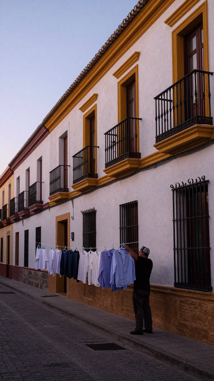 Early Morning Seville Street Scene with Shirt Hangers and Morning Light in in Seville, Spain