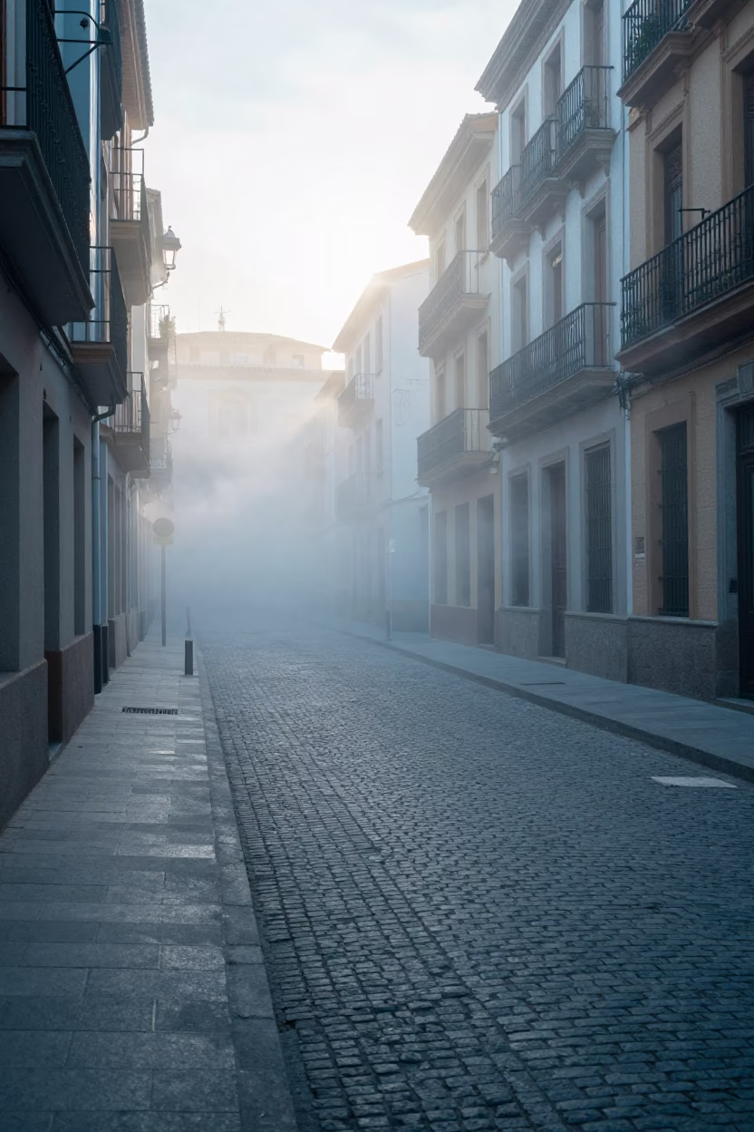 Early Morning Seville Street Scene with Steam Haze and Local Market Activity in in Seville, Spain