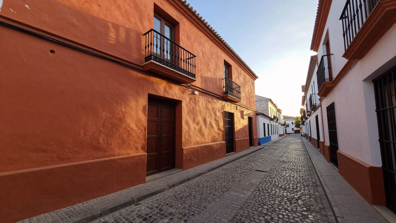 Early Morning Seville Street Scene with Traditional Architecture and Local Life in in Seville, Spain