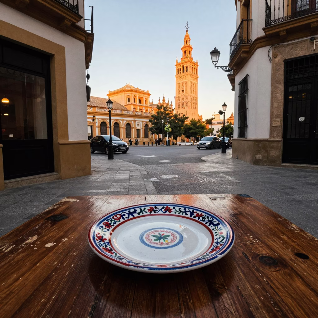 Early Morning Seville Street Scene with Traditional Plate and Sunlit Architecture in in Seville, Spain