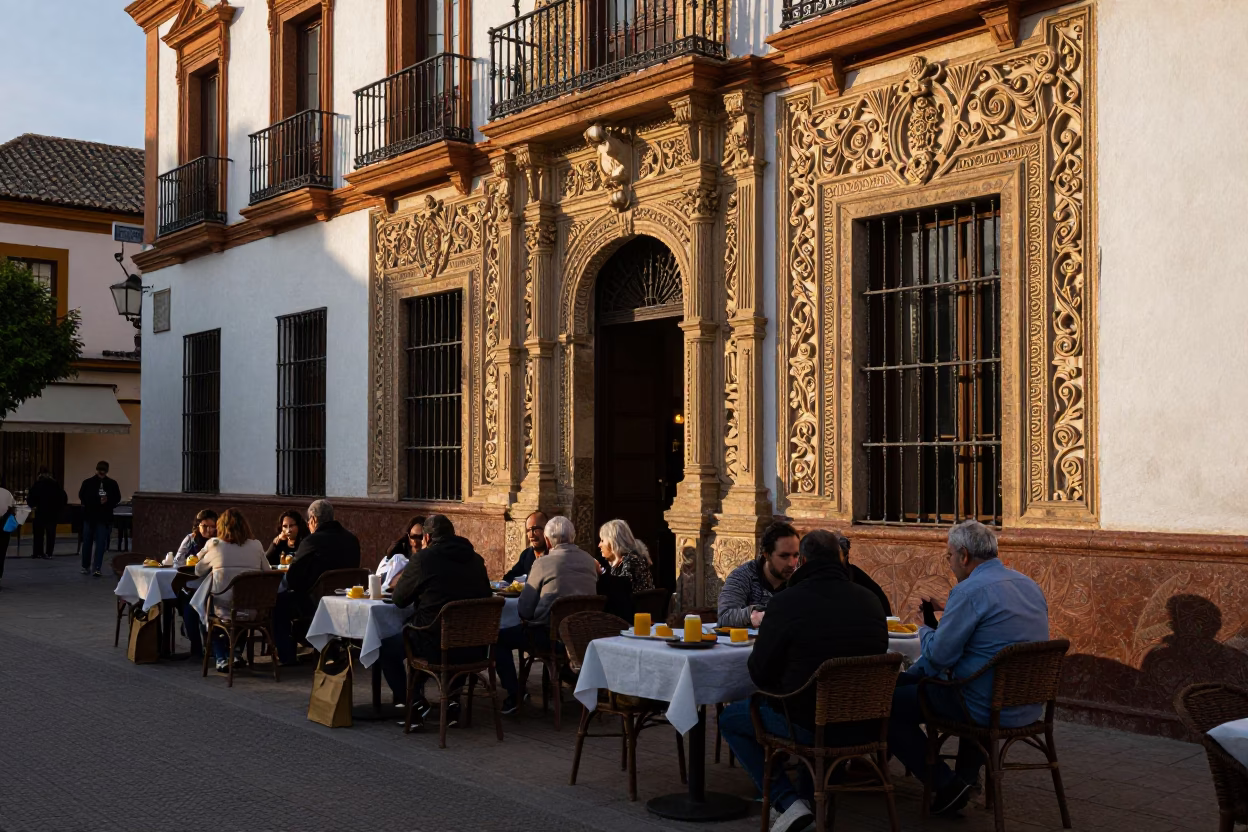 Early Morning Seville Street Scene with Traditional Spanish Breakfast and Historic Architecture in in Seville, Spain