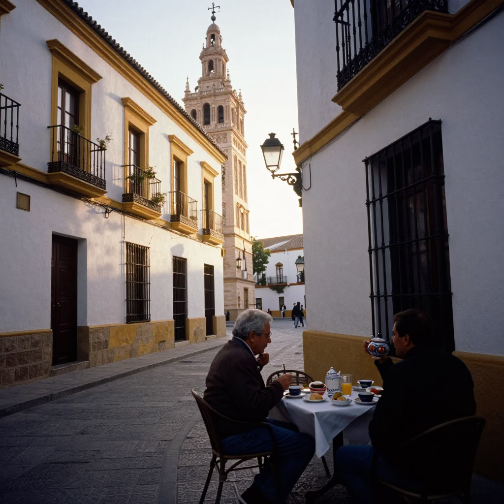 Early Morning Seville Street Scene with Traditional Spanish Breakfast and Local Architecture in in Seville, Spain