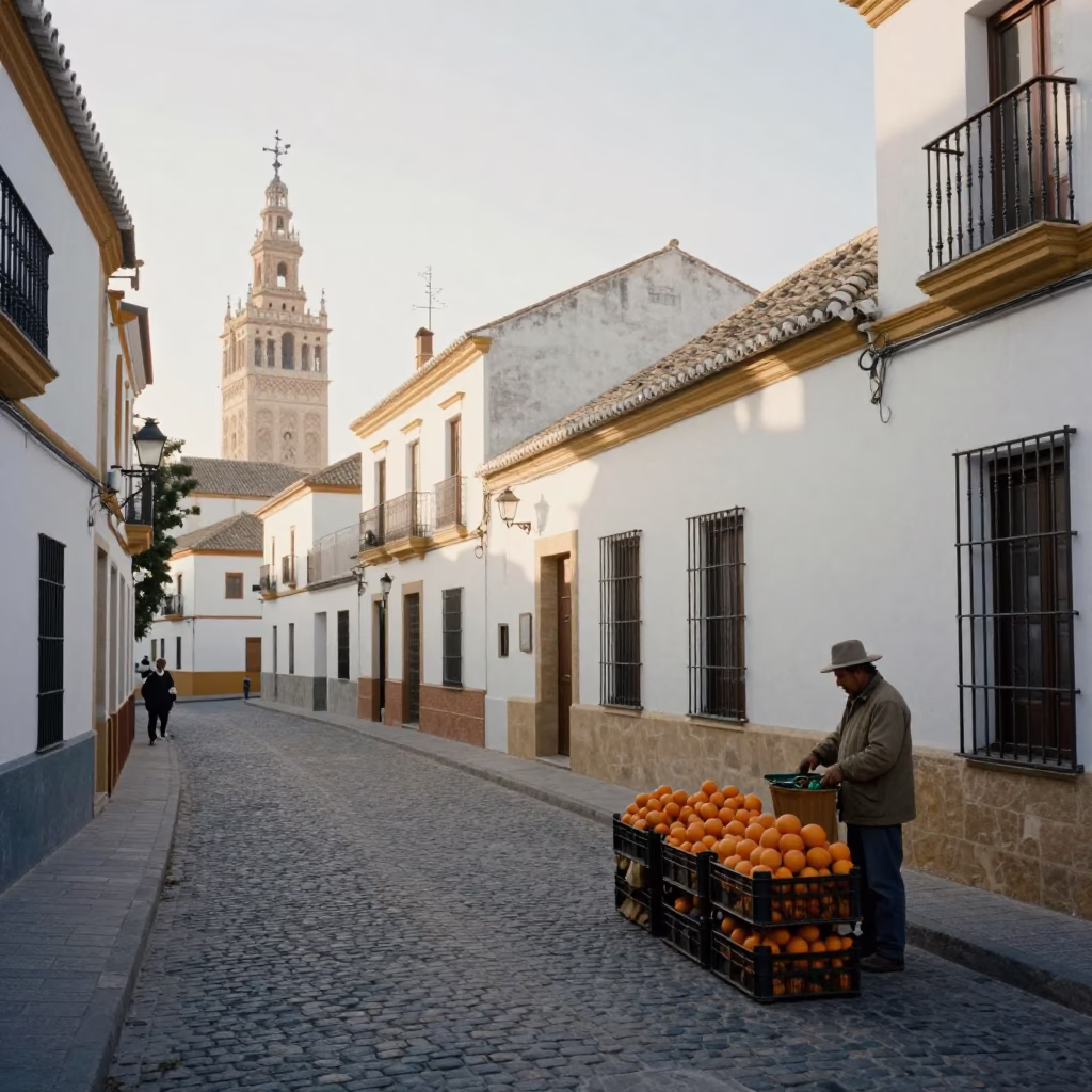 Early Morning Seville Street Scene with Vintage 1980s Aesthetic and Local Market Activity in in Seville, Spain