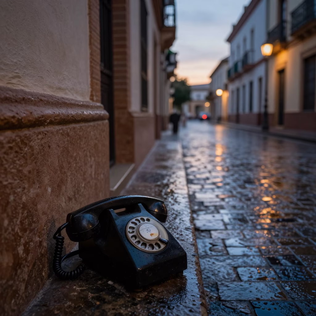 Early Morning Seville Street Scene with Vintage Bakelite Telephone and Wet Cobblestones Before Dawn in in Seville, Spain