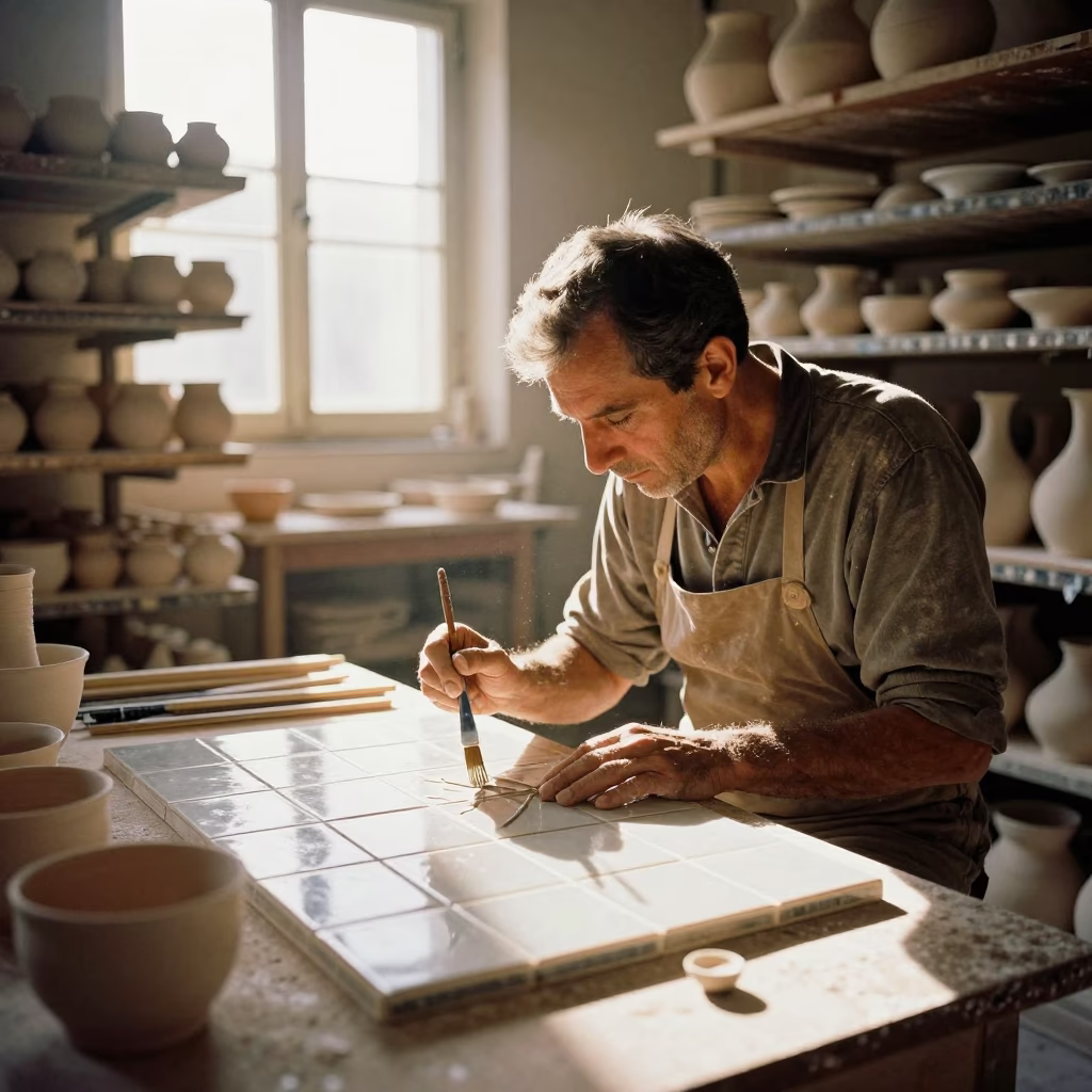 Early Morning Seville Tile Maker Painting Ceramics in Traditional Workshop in in Seville, Spain
