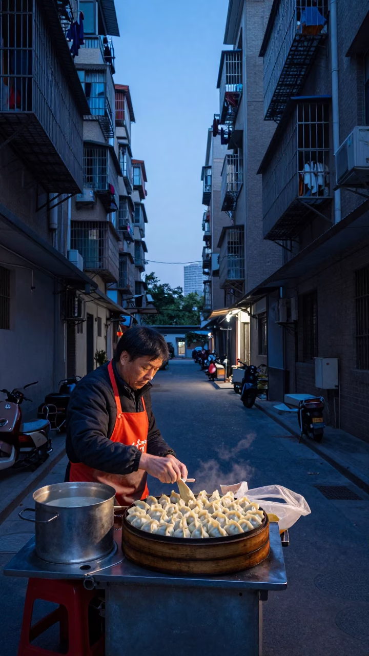 Early Morning Shanghai Alleyway Street Vendor Preparing Dumplings Before Sunrise in in Shanghai, China
