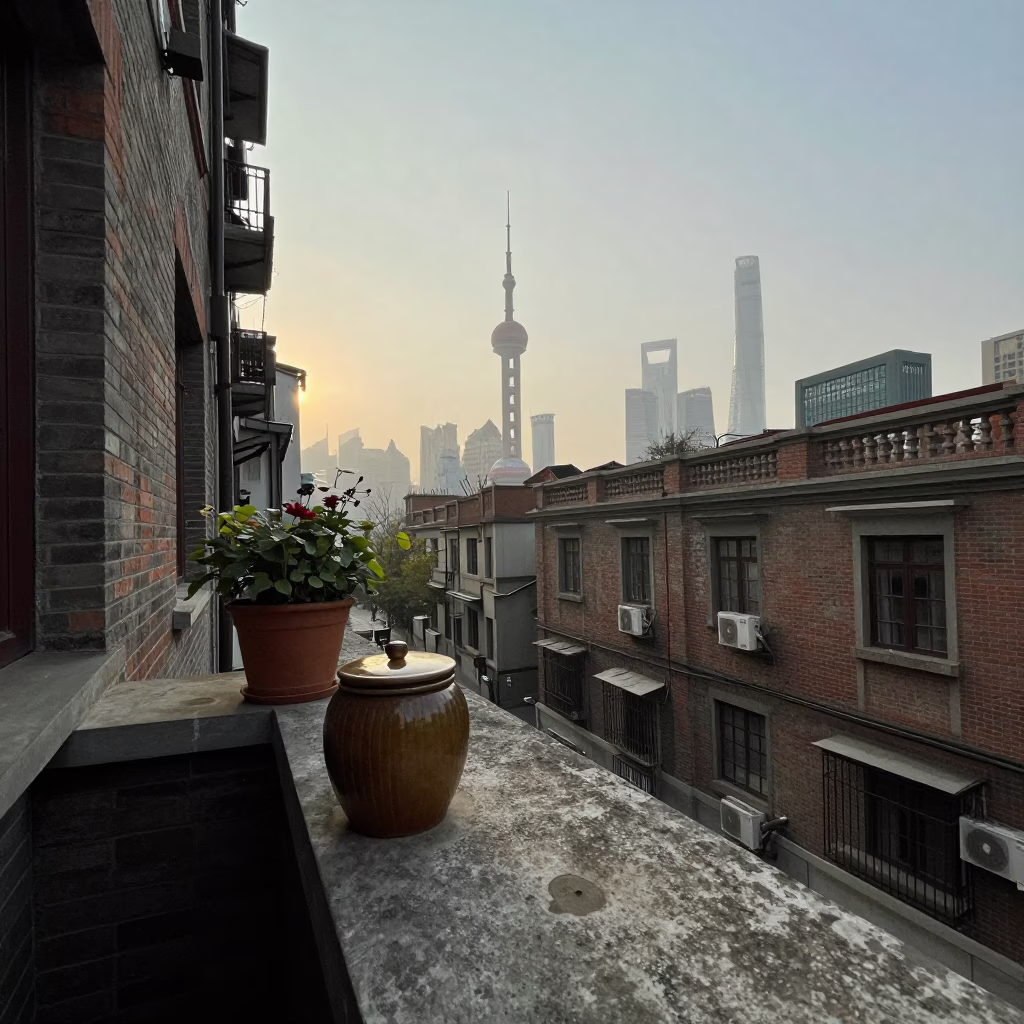 Early Morning Shanghai China Street Scene with Jar and Flowerpot on Balcony in in Shanghai, China