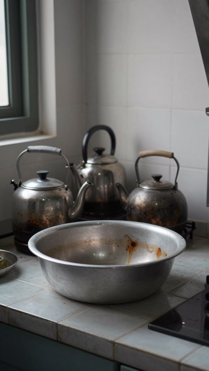 Early Morning Shanghai Kitchen with Tea Stains and Kettles in in Shanghai, China
