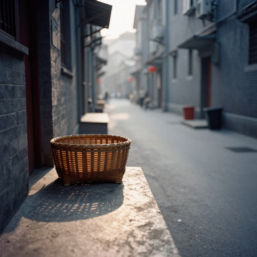 Early Morning Shanghai Street Scene with Bamboo Basket and Sunlight in 1970s China in in Shanghai, China