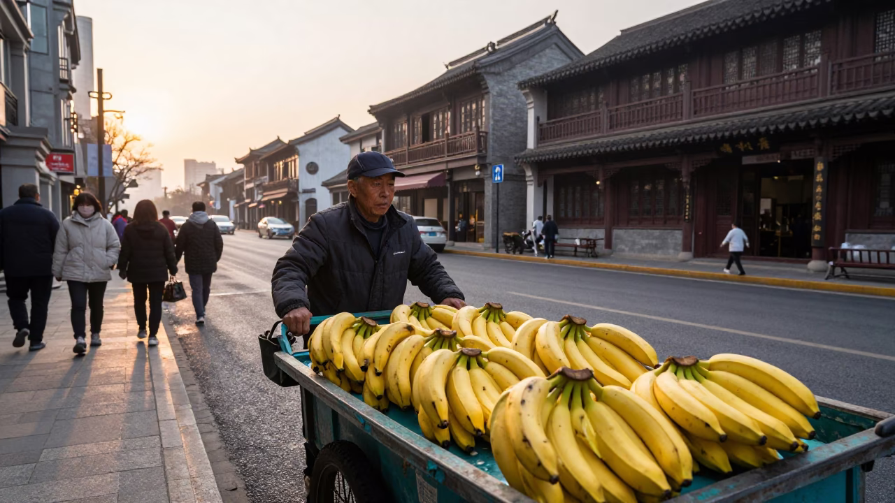 Early Morning Shanghai Street Scene with Bananas and Traditional Architecture in in Shanghai, China