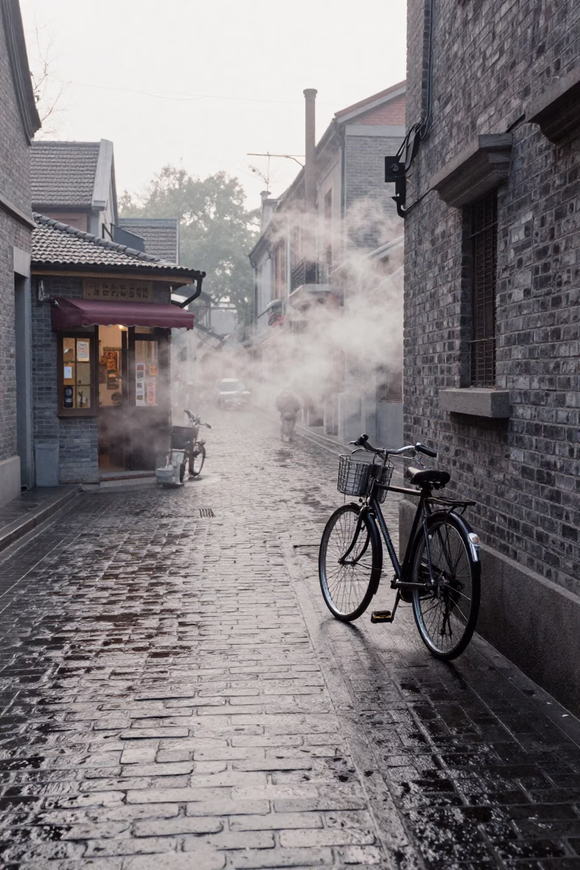 Early Morning Shanghai Street Scene with Bicycle and Steam Haze at Dawn in in Shanghai, China