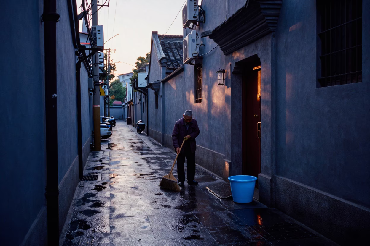 Early Morning Shanghai Street Scene with Broom and Water Rings on Pitcher in in Shanghai, China