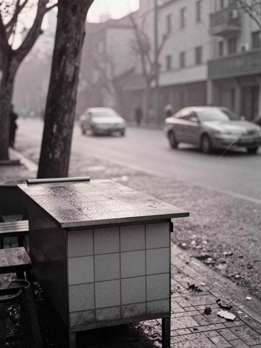 Early Morning Shanghai Street Scene with Condensation on Tiles and Local Vendor in in Shanghai, China