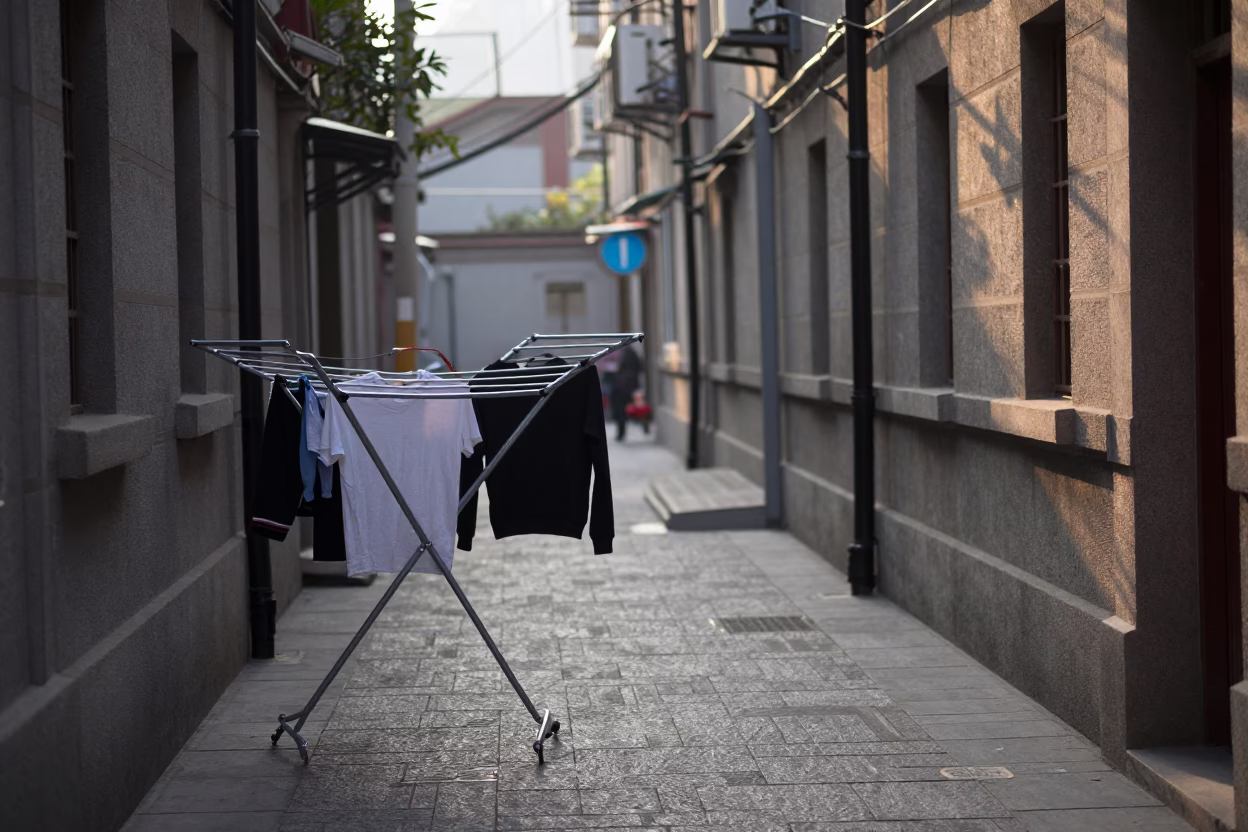 Early Morning Shanghai Street Scene with Drying Rack and Flowering Plant in in Shanghai, China