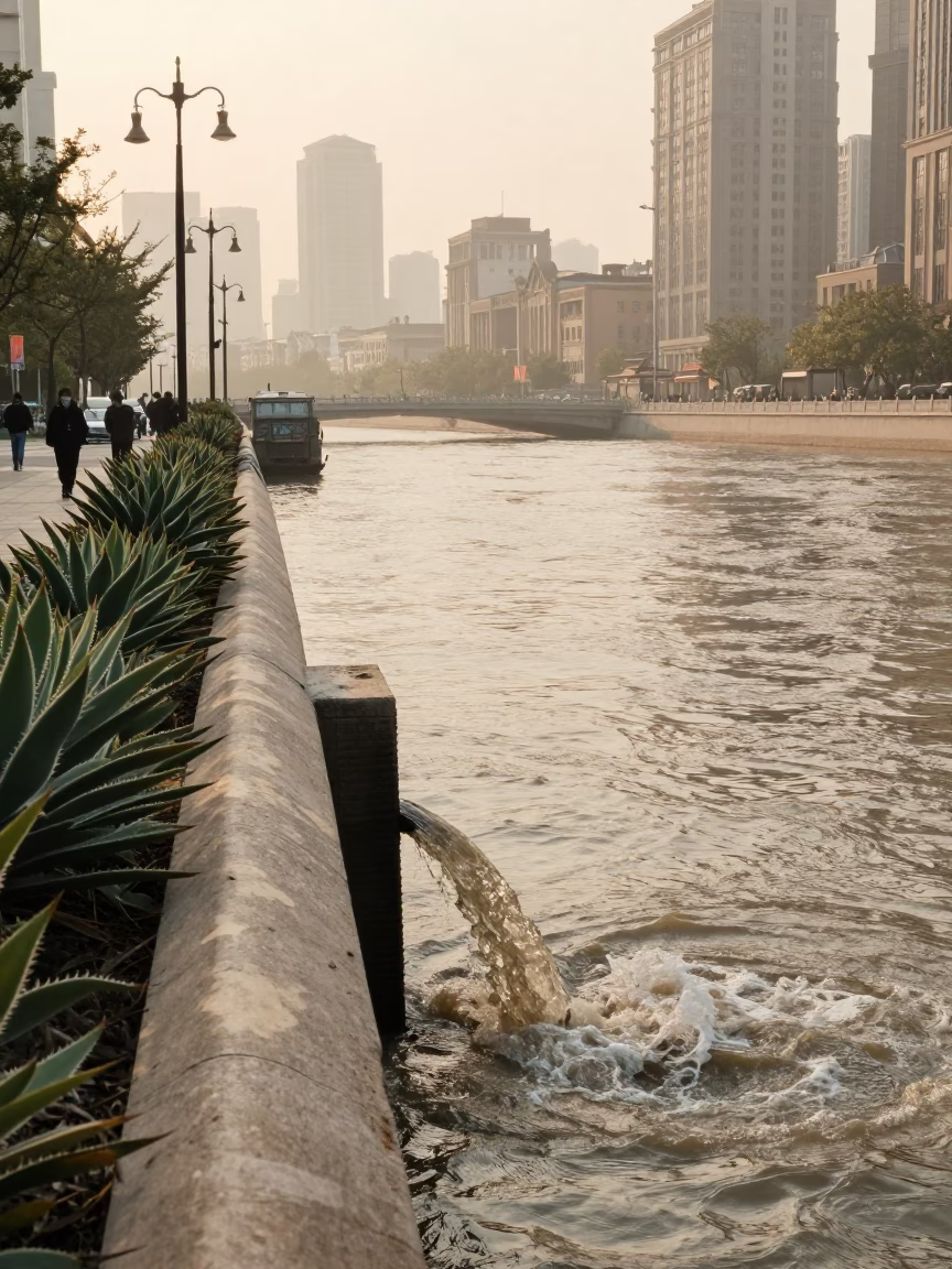 Early Morning Shanghai Street Scene with Echeveria Dew and Storm Drain Outfall in in Shanghai, China