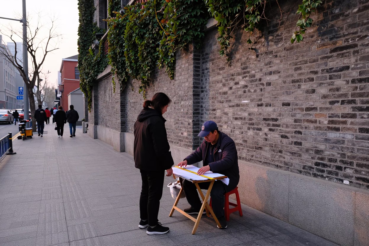 Early Morning Shanghai Street Scene with Ivy Brick Wall and Folding Ruler in in Shanghai, China