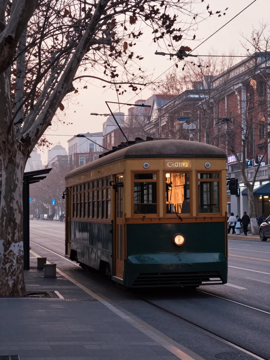Early Morning Shanghai Street Scene with Old Trolley and Commuter Details in in Shanghai, China