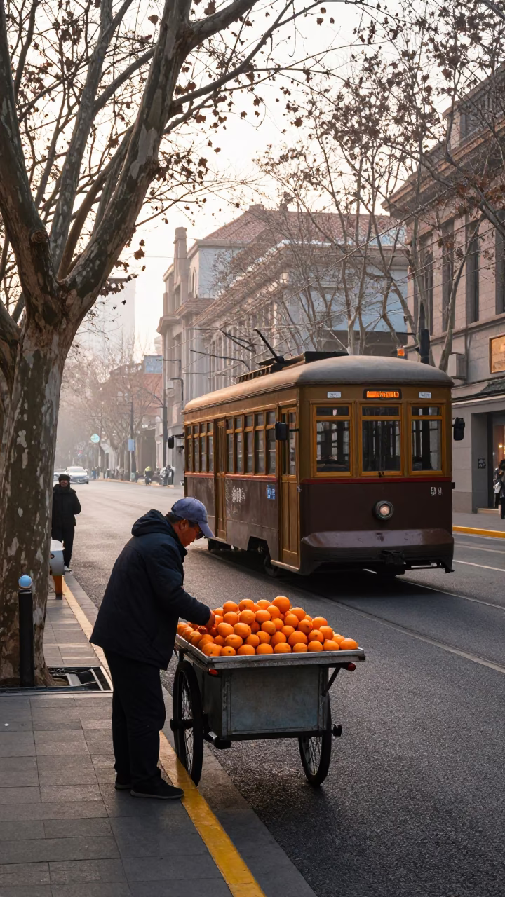 Early Morning Shanghai Street Scene with Old Trolley and Orange Vendor in in Shanghai, China