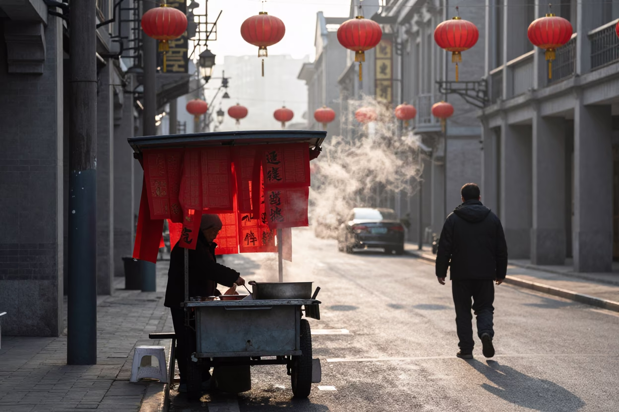 Early Morning Shanghai Street Scene with Paper Lanterns and Urban Life in in Shanghai, China