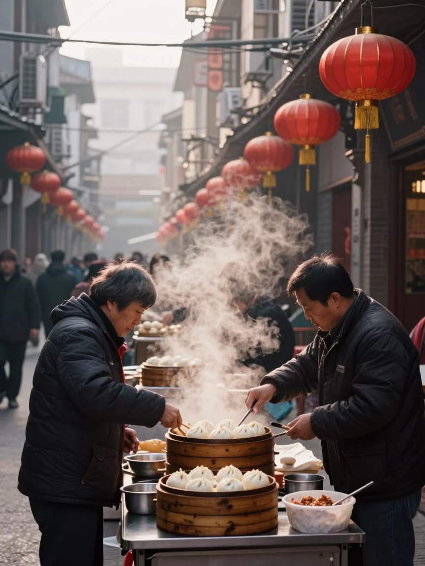 Early Morning Shanghai Street Scene with Red Lanterns and Local Breakfast Vendors in in Shanghai, China