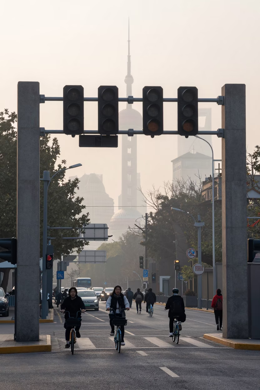 Early Morning Shanghai Street Scene with Signal Gantry and Parallel Rail Lines in Mist in in Shanghai, China