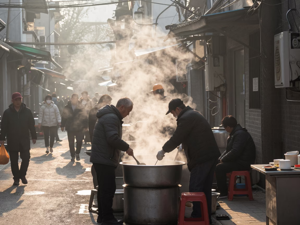 Early Morning Shanghai Street Scene with Steam Haze and Local Breakfast Vendors in in Shanghai, China