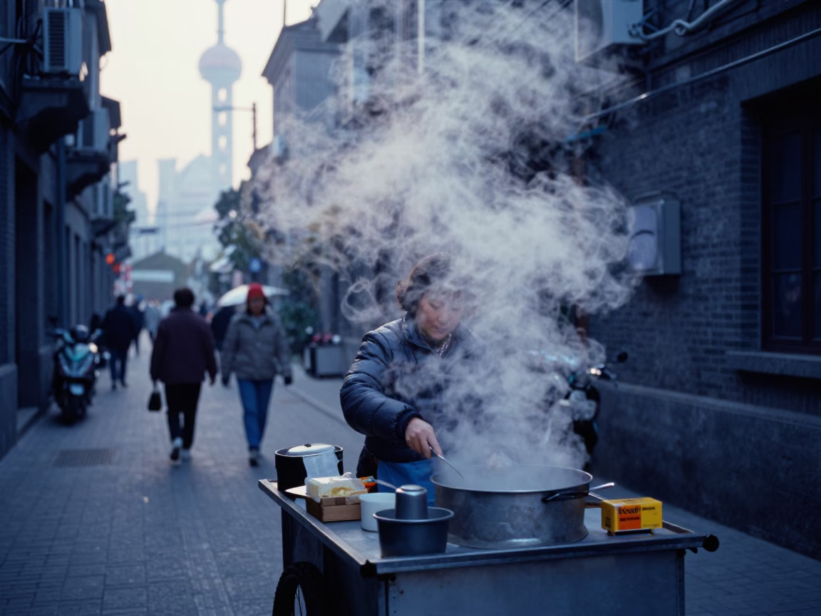 Early Morning Shanghai Street Scene with Steam Vendors and Traditional Architecture in in Shanghai, China