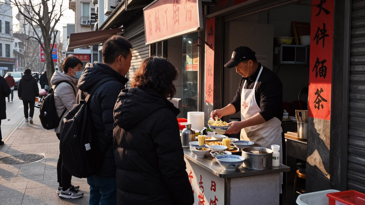 Early Morning Shanghai Street Scene with Traditional Breakfast and Local Life in in Shanghai, China