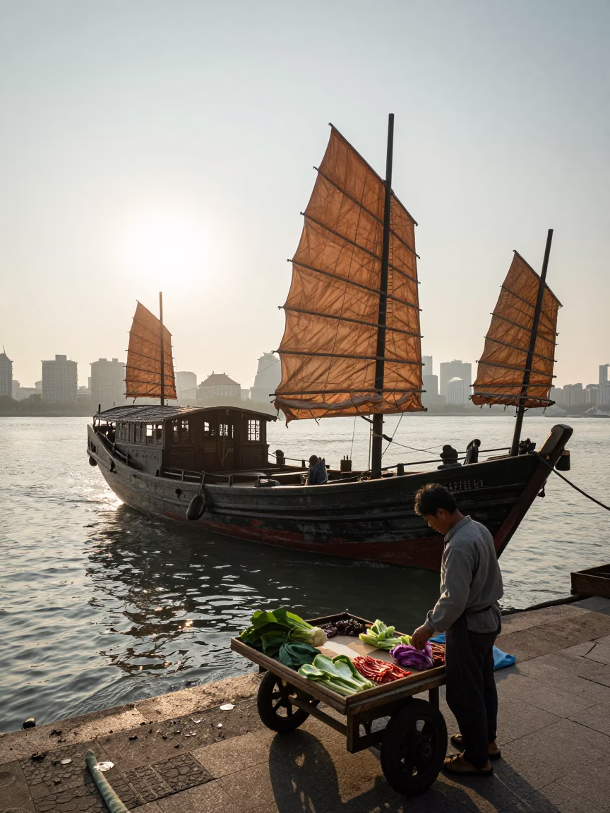 Early Morning Shanghai Street Scene with Traditional Chinese Junk Boat in Huangpu Harbor in in Shanghai, China