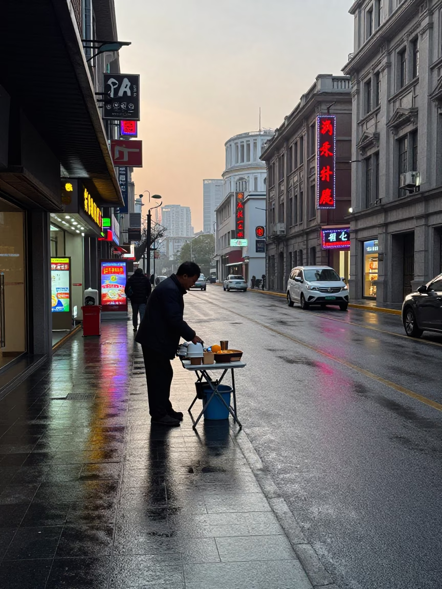 Early Morning Shanghai Street Scene with Vendor and Glass Bottles in in Shanghai, China