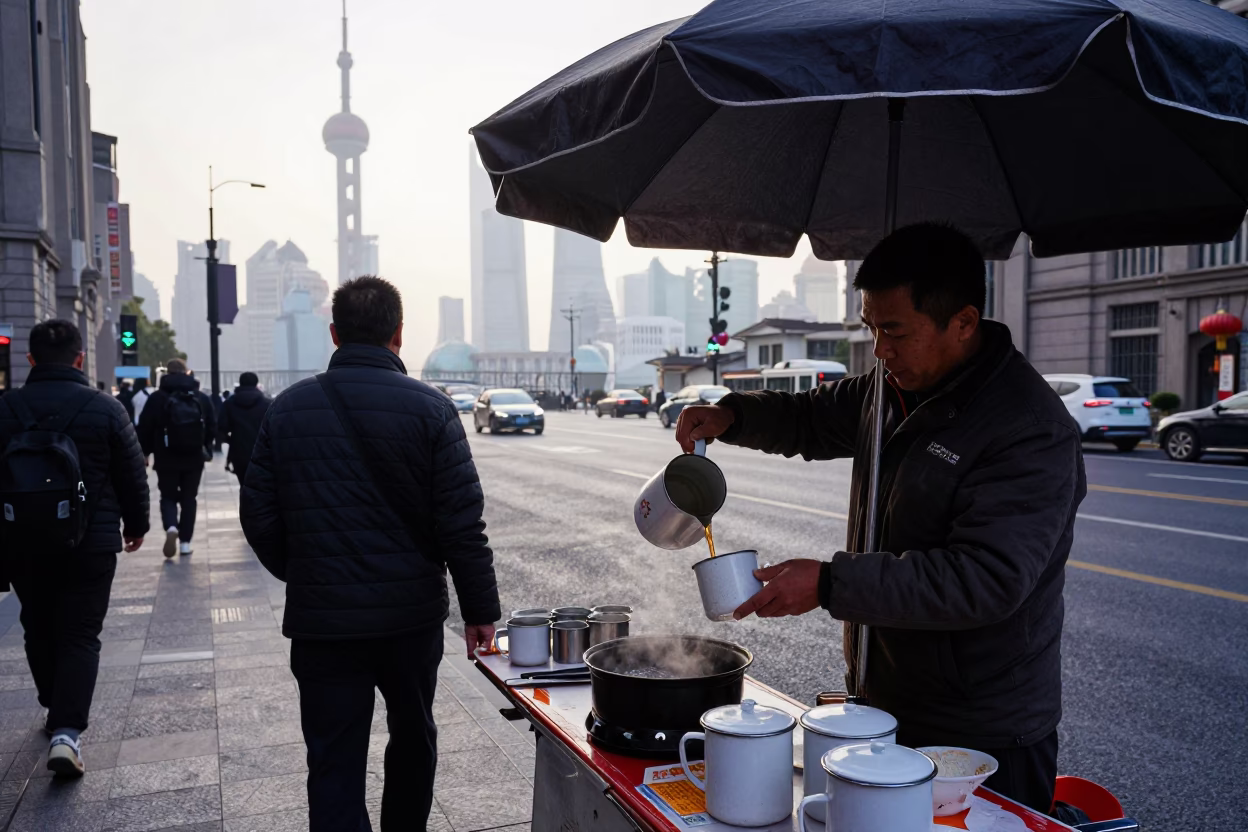 Early Morning Shanghai Street Scene with Vendor and Umbrella Stand in in Shanghai, China
