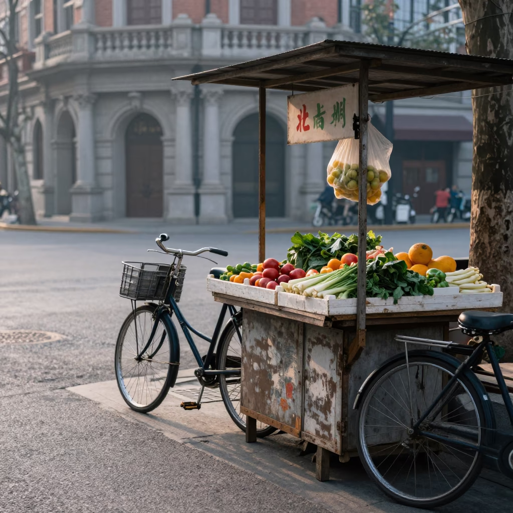 Early Morning Shanghai Street Scene with Vintage Bicycle and Local Market Stall in in Shanghai, China