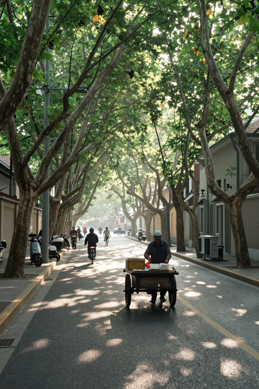 Early Morning Shanghai Street Scene with Vintage Italian Majolica Plate and Grapes in in Shanghai, China