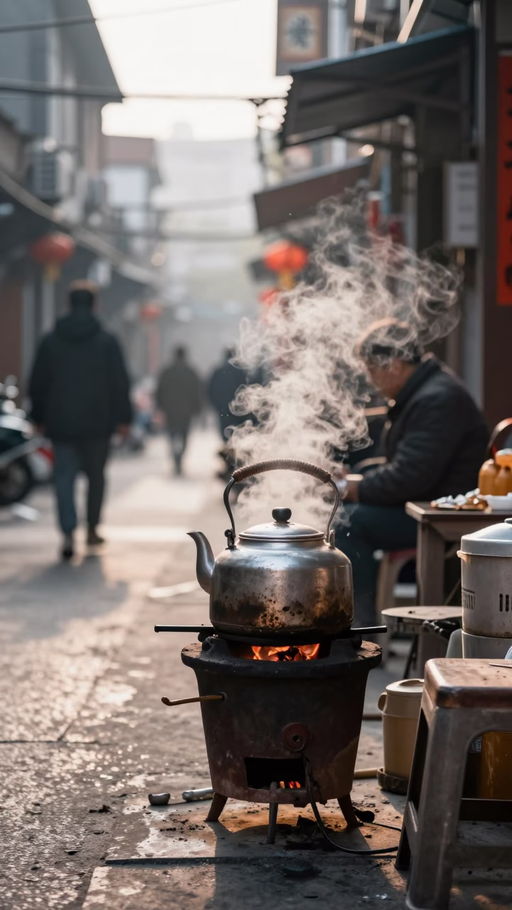 Early Morning Shanghai Street Scene with Vintage Kettle and Local Breakfast Vendor in in Shanghai, China