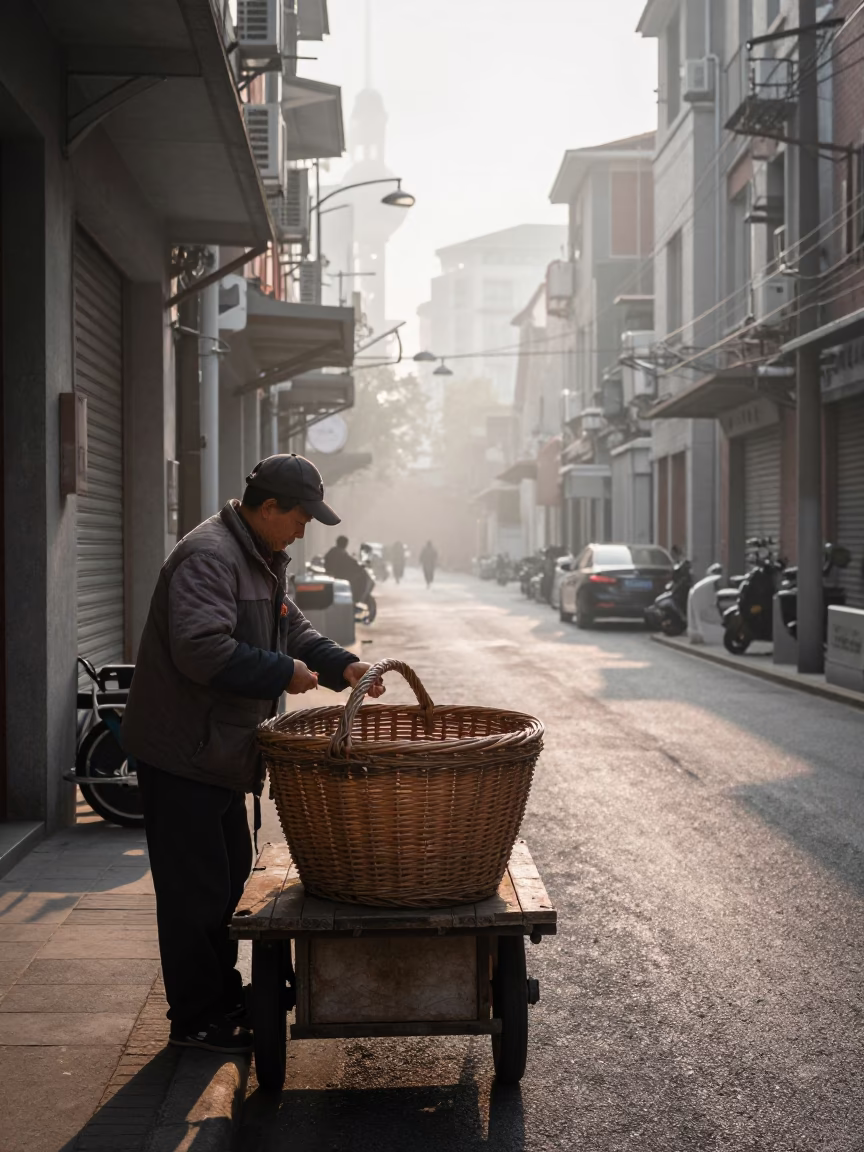 Early Morning Shanghai Street Scene with Wicker Basket and Urban Details in in Shanghai, China