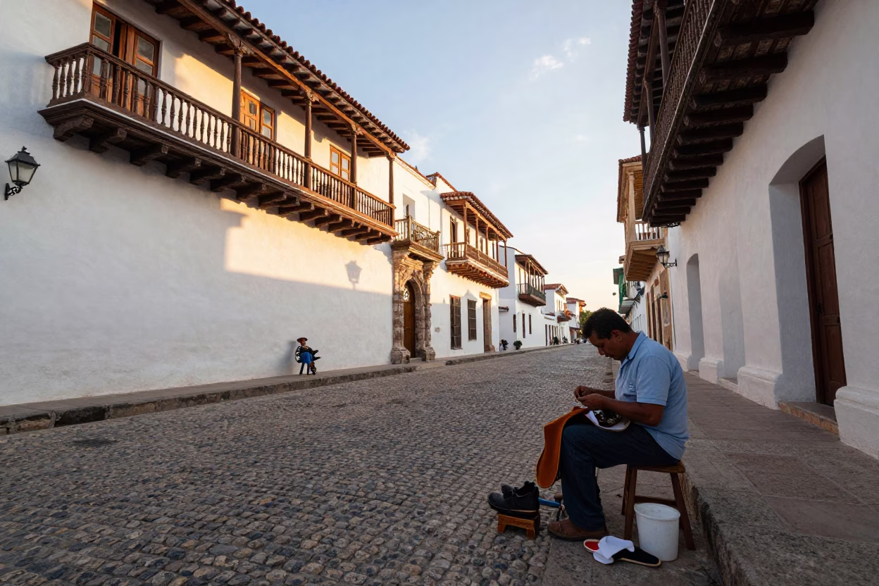 Early Morning Shoe Shine Scene in Historic Walled City Cartagena Colombia in in Cartagena, Colombia