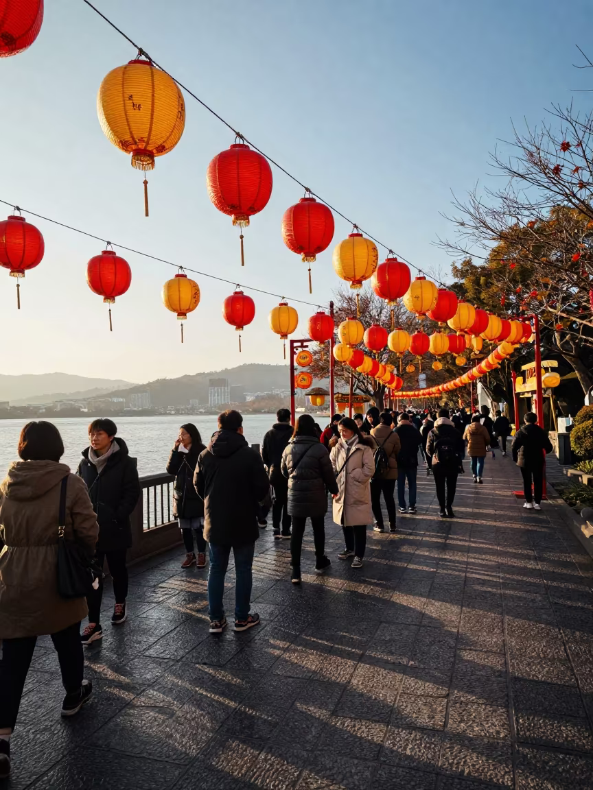 Early Morning Shrine Festival Queue Under Lanterns in at a waterfront celebration in Taoyuan County