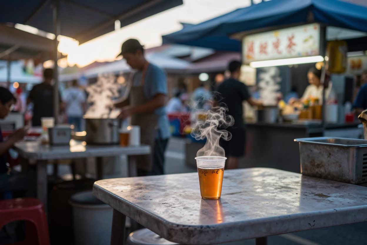 Early Morning Singapore Street Food Stall with Steaming Genmaicha Tea Before Sunrise in in Singapore, Singapore