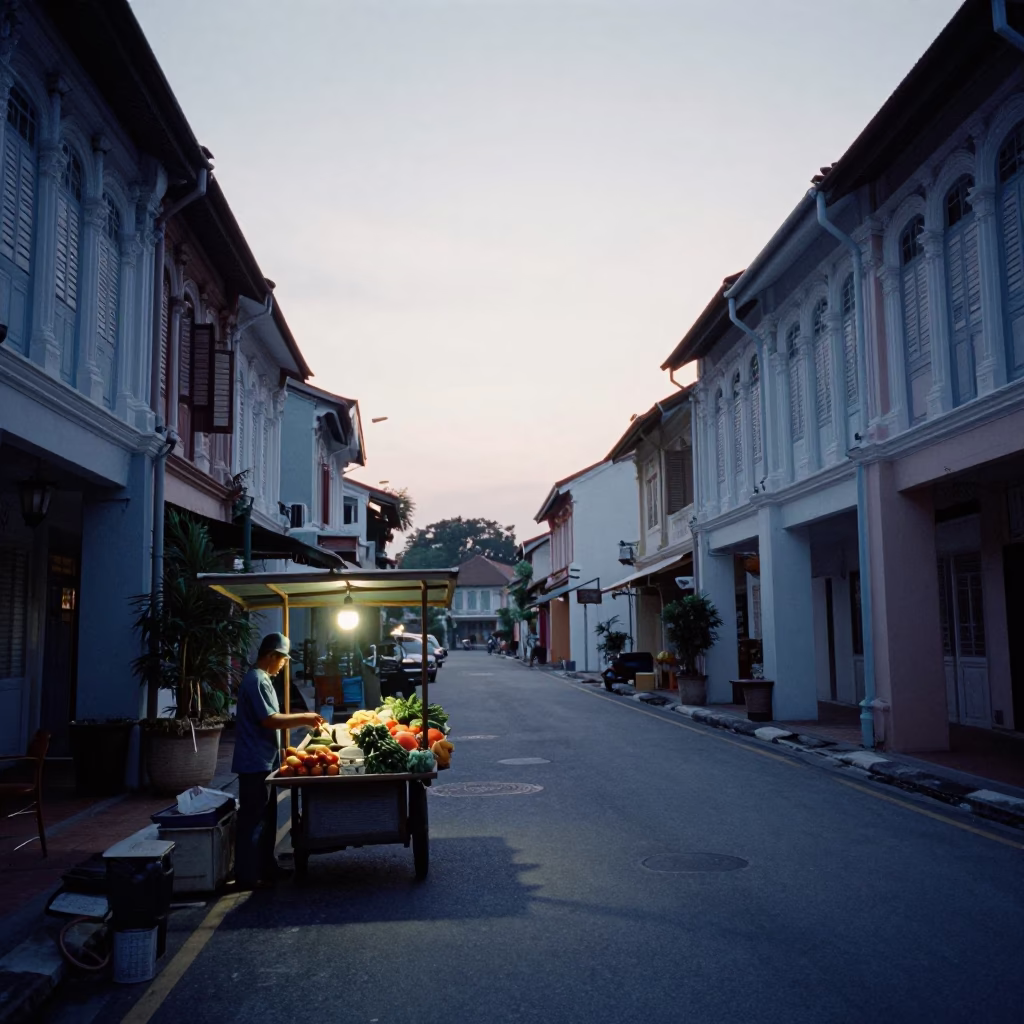 Early Morning Singapore Street Scene Before Sunrise with Traditional Shophouse and Street Vendor in in Singapore, Singapore